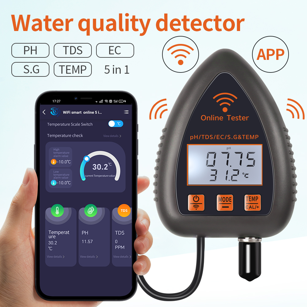 Ph Meter Digital Water Tester - Tuya WiFi 5 In 1 TDS/EC/GARAM/S.G./TEMP
